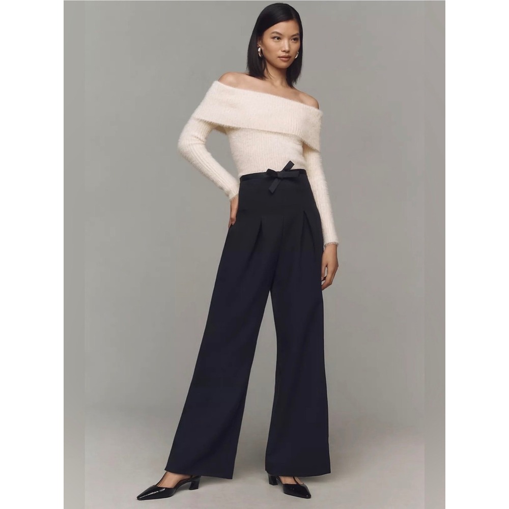 Anthropologie Corset Bow Pleated Wide Leg Pants Black Size 6